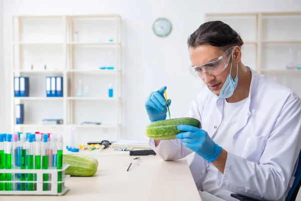 Experto en nutrición masculina prueba de verduras en laboratorio — Foto de Stock