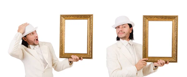 Mann im weißen Kostüm mit Bilderrahmen — Stockfoto