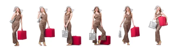 Mujer joven con maleta en blanco — Foto de Stock