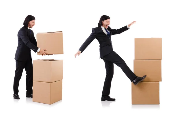 Hombre divertido con cajas en blanco —  Fotos de Stock