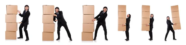 Hombre divertido con cajas en blanco —  Fotos de Stock