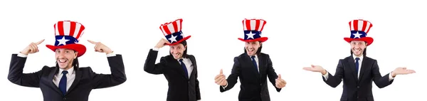 Hombre con bandera americana aislado en blanco — Foto de Stock