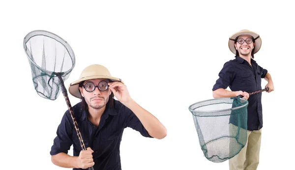 Funny guy with catching net on white — Stock Photo, Image