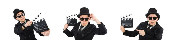 Mann mit Filmklöppel isoliert auf weißem Grund — Stockfoto