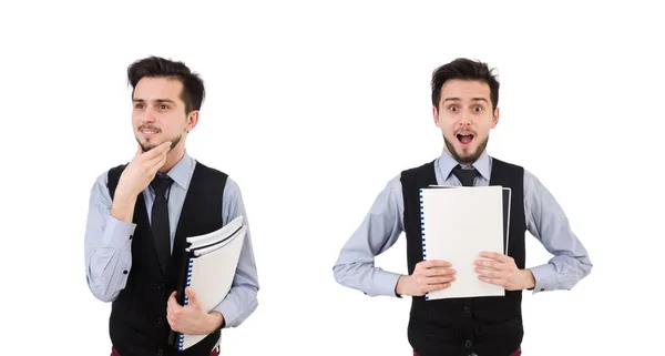 Employé de bureau tenant du papier isolé sur blanc — Photo