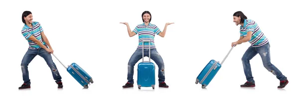 Junger Mann reist mit Koffern isoliert auf weißem Grund — Stockfoto