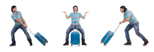 Young man travelling with suitcases isolated on white — Stock Photo, Image