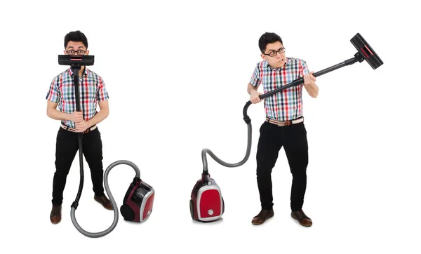 Homme drôle avec aspirateur sur blanc — Photo