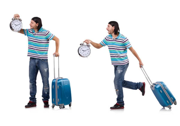 Young man with suitcase isolated on white — Stock Photo, Image