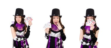 Soytarı kostüm üzerine beyaz izole kart ile güzel kız