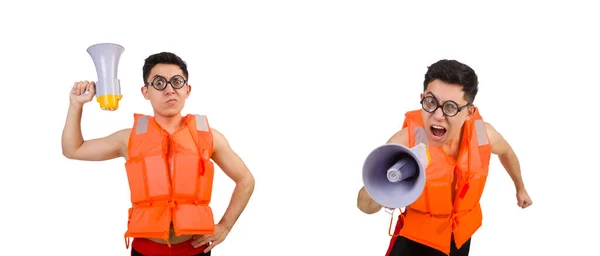 Funny man wearing vest with loudspeaker — Stock Photo, Image