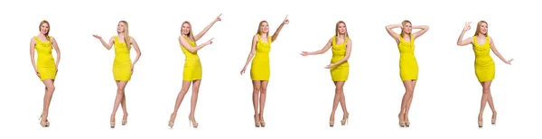 Ganska lång kvinna i kort gul klänning isolerad på vit — Stockfoto