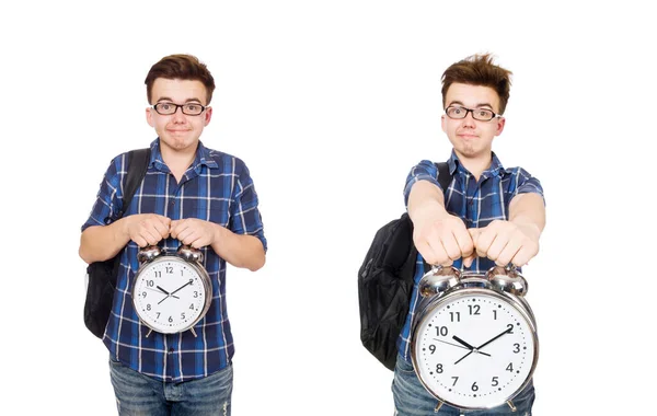 Student missing his studying deadlines on white — Stock Photo, Image