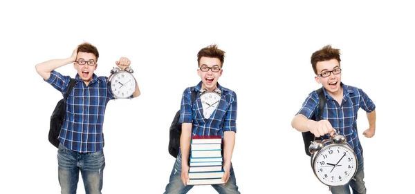 Student missing his studying deadlines on white — Stock Photo, Image