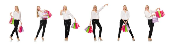 Mujer muchas bolsas de compras después de comprar aislado en blanco — Foto de Stock