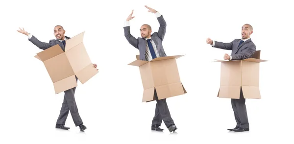 Businessman with box isolated on the white — Stock Photo, Image