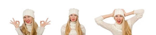 Frau trägt warme Kleidung auf weißem Grund — Stockfoto