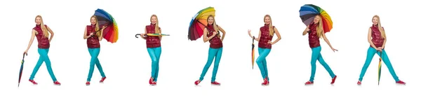 Jeune femme avec parapluie coloré isolé sur blanc — Photo