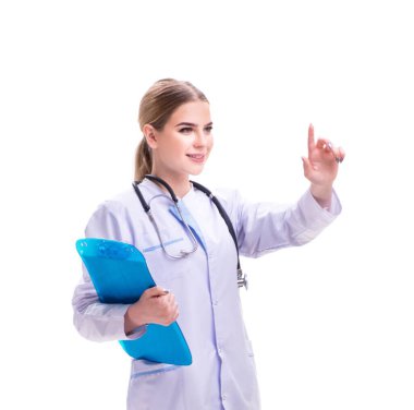 Genç kadın doktor beyaz arka planda izole edilmiş.