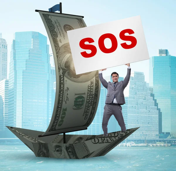 Üzletember segítséget kér SOS üzenetben a hajón — Stock Fotó