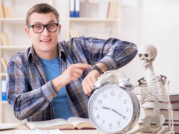 Student en skelet voorbereiding op schoolexamens — Stockfoto