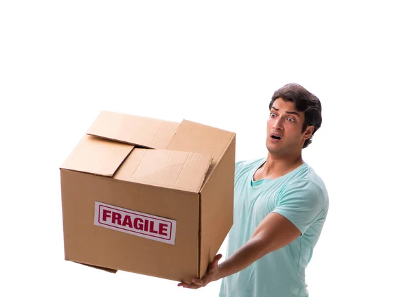 Mladý pohledný muž s křehkou krabicí objednané z internetu — Stock fotografie