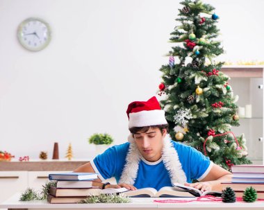 Noel arifesinde kitabı olan genç bir öğrenci.