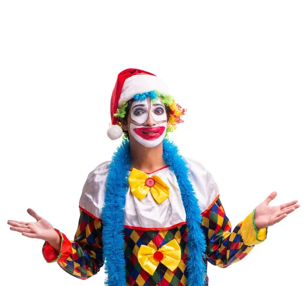 Giovane buffo clown comico isolato su bianco — Foto Stock