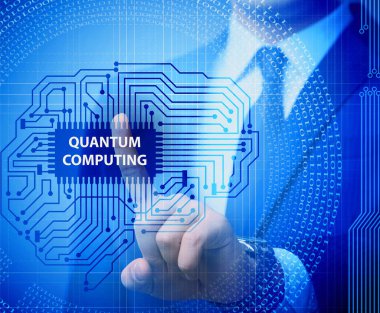 İş adamı kuantum hesaplama kavramında sanal düğmeye basıyor