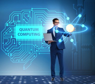 İş adamı kuantum hesaplama kavramında sanal düğmeye basıyor