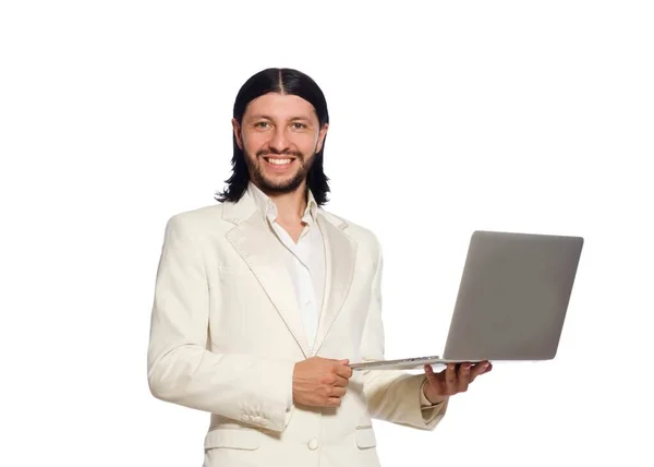 Dizüstü bilgisayarı olan genç adam beyazda izole edilmiş. — Stok fotoğraf