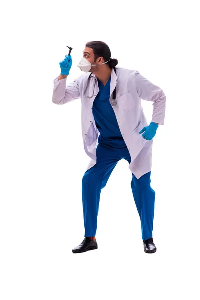 Médico jovem do sexo masculino no conceito de coronavírus isolado em branco — Fotografia de Stock