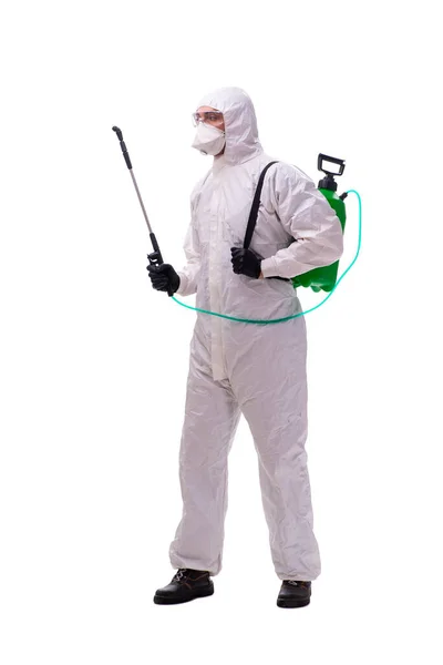 Young male contractor disinfecting in coronavirus concept — Stock Photo, Image