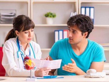 Genç adam bayan doktor kardiyoloğu ziyaret ediyor.