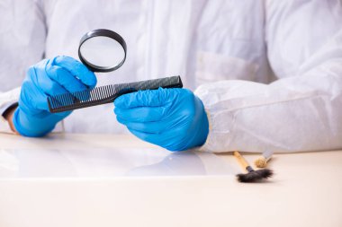 Erkek kriminolog kanıt için laboratuarda çalışıyor.
