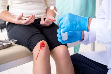 Erkek doktoru ziyaret eden bacağı yaralı bir kadın.