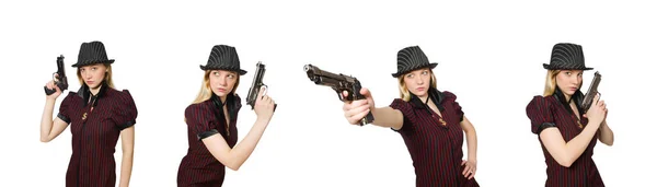 Jeune femme gangster avec pistolet sur blanc — Photo