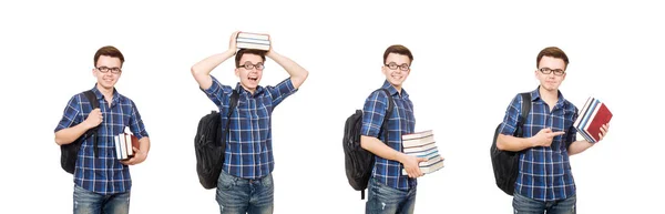 Grappige student met stapel boeken — Stockfoto