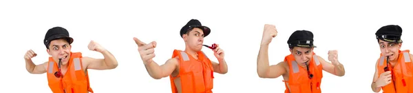 Lustiger Mann mit orangefarbener Warnweste — Stockfoto