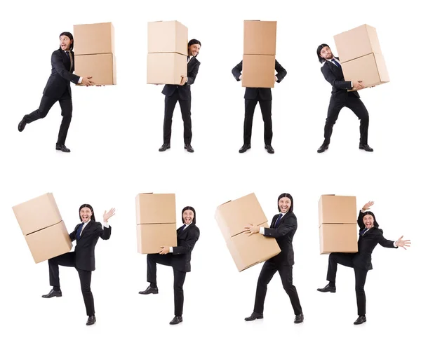 Funny man with boxes on white — Stock Photo, Image