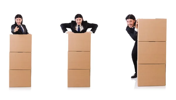 Funny man with boxes on white — Stock Photo, Image