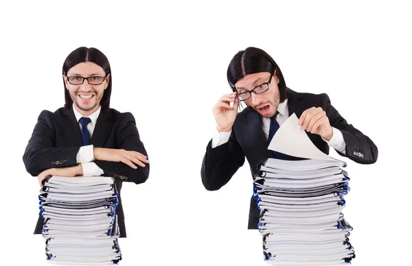 Funny man with lots of papers on white — Stock Photo, Image