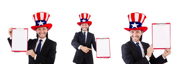 Üzletember visel amerikai kalap papír, fehér — Stock Fotó