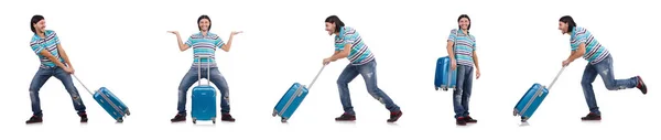 Νεαρός που ταξιδεύει με βαλίτσες απομονωμένος σε λευκό — Φωτογραφία Αρχείου