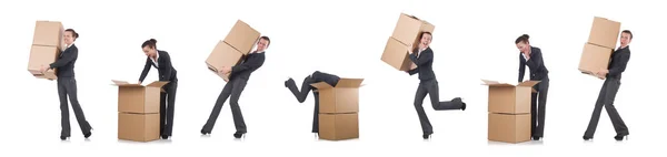 Woman businesswoman with boxes on white — Stock Photo, Image