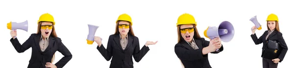 Bauarbeiterin mit Lautsprecher isoliert auf weiß — Stockfoto