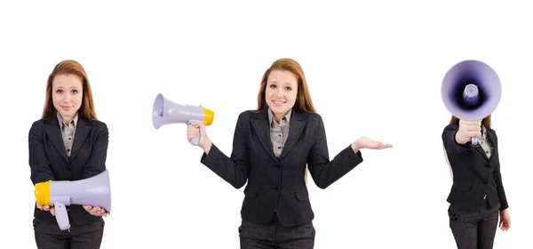 Woman with loudspeaker isolated on the white — Stock Photo, Image