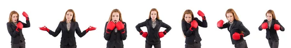 Woman businesswoman with boxing gloves on white — Stock Photo, Image