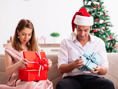 Genç çift Noel 'i evde kutluyor.