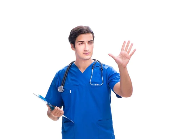 Joven médico masculino presionando botones aislados en blanco — Foto de Stock